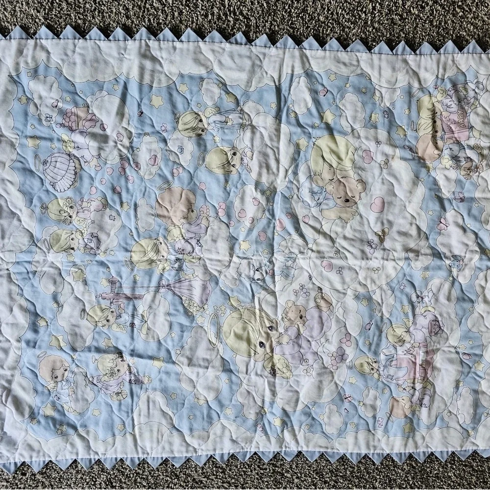 Vintage precious moments Baby Blue Angel Print Scalloped age baby blanket